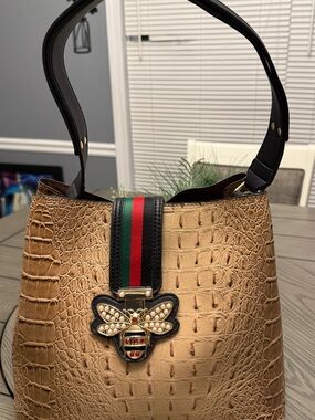 Soulfina Croc-Embossed Tan Shoulder Bag with Bee Accent and Stripe Detail